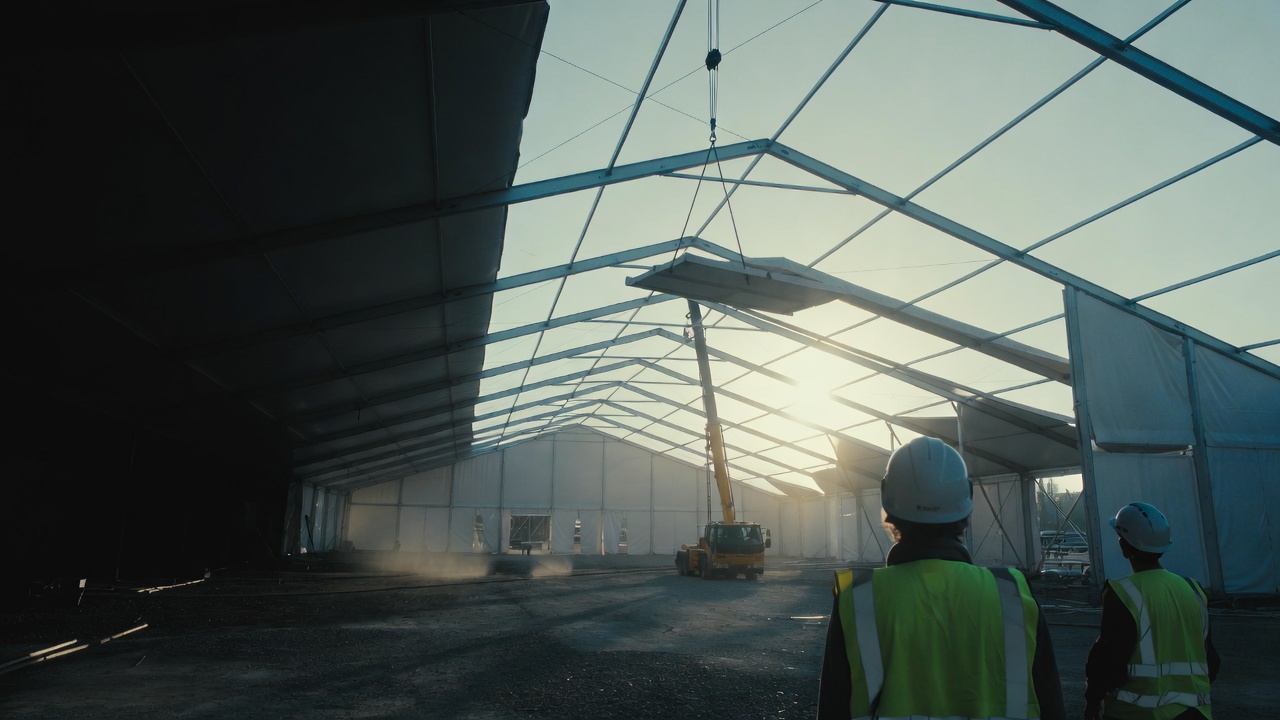 Montaje de carpa modular con grúa al amanecer